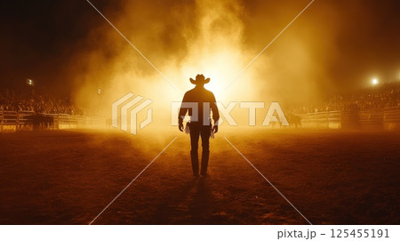 Cowboy silhouette walks arena at night under dramatic lighting 125455191