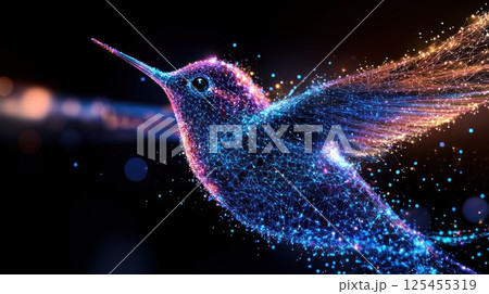 Abstract hummingbird in flight, glowing particles, bokeh background (1) 125455319