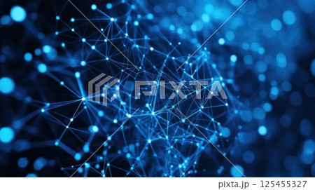 Abstract network system of interconnected points and lines in a dark blue background 125455327