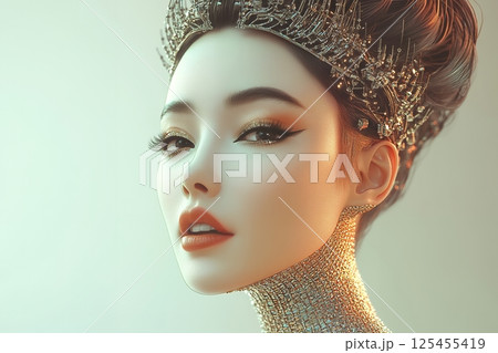 2100年トレンドを意識したアジア人　奇抜なヘアメイクスタイル女性像を生成AIで表現（横写真） 125455419