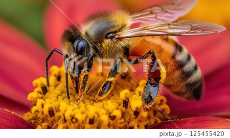 Honeybee collecting pollen from a red flower. Honeybee collecting pollen from a red flower. 125455420