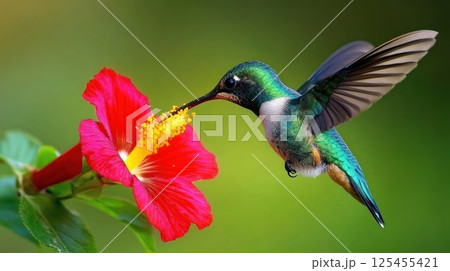 Hummingbird feeding on a vibrant red hibiscus flower. (1) Hummingbird feeding on a vibrant red hibiscus flower. (1) 125455421