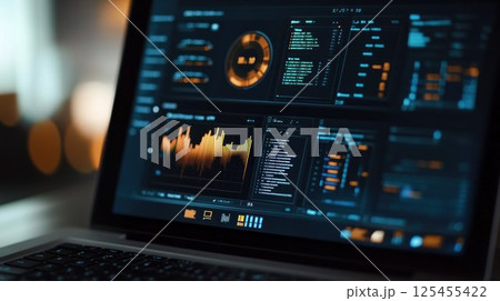 Laptop screen displaying data analytics dashboards with charts and graphs at night. Laptop screen displaying data analytics dashboards with charts and graphs at night. 125455422