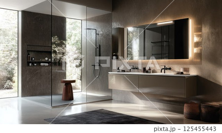 Modern bathroom with glass shower, double vanity, and large mirror. 125455443