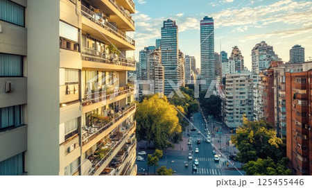 High-angle view of a city street with apartment buildings and skyscrapers during golden hour. 125455446