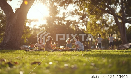 Happy children enjoying a picnic in a sunny park. Happy children enjoying a picnic in a sunny park. 125455463