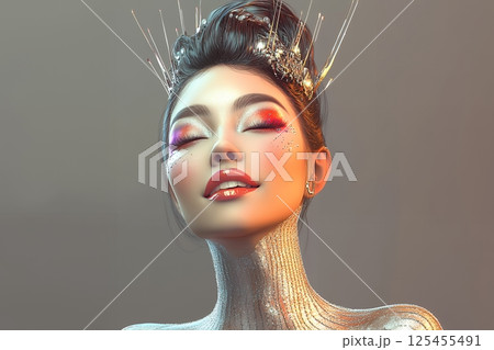 2100年トレンドを意識したアジア人　奇抜なヘアメイクスタイル女性像を生成AIで表現（横写真） 125455491