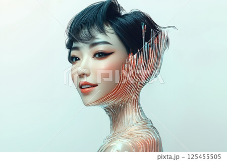 2100年トレンドを意識したアジア人　奇抜なヘアメイクスタイル女性像を生成AIで表現（横写真） 125455505
