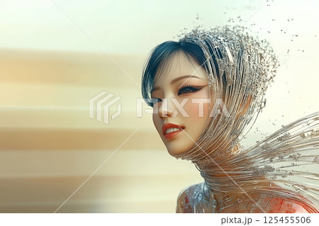2100年トレンドを意識したアジア人　奇抜なヘアメイクスタイル女性像を生成AIで表現（横写真） 125455506