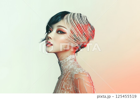 2100年トレンドを意識したアジア人　奇抜なヘアメイクスタイル女性像を生成AIで表現（横写真） 125455519