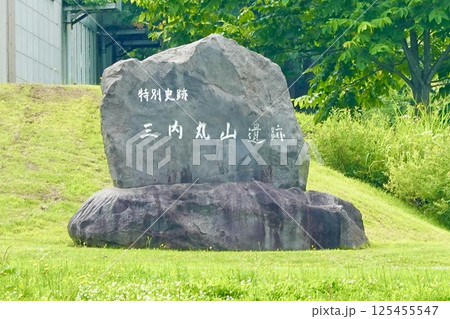 特別史跡 三内丸山(さんないまるやま)遺跡の石碑がある風景 青森県青森 特別史跡 三内丸山(さんないまるやま)遺跡の石碑がある風景 青森県青森 125455547