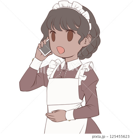 スマホで電話をかける褐色肌のメイド・笑顔 125455623