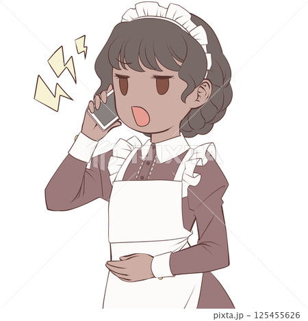 スマホで電話をかける褐色肌のメイド・怒り スマホで電話をかける褐色肌のメイド・怒り 125455626