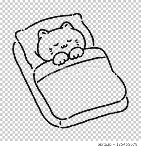 布団でぐっすり眠るかわいい猫　線画 125455679