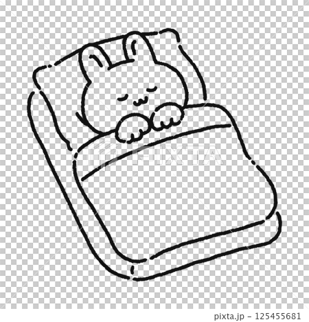 布団でぐっすり眠るかわいいウサギ　線画 125455681