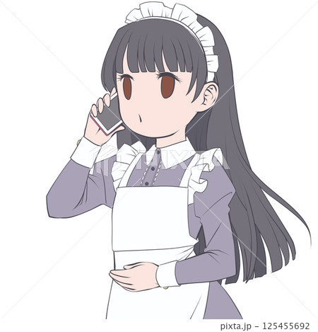 スマホで電話をかける黒髪のメイド・呼び出し中 125455692