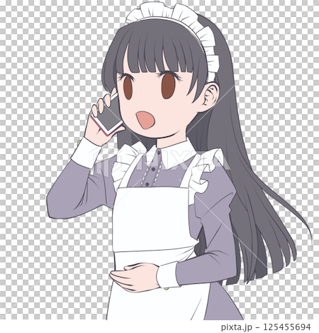 スマホで電話をかける黒髪のメイド・笑顔 125455694