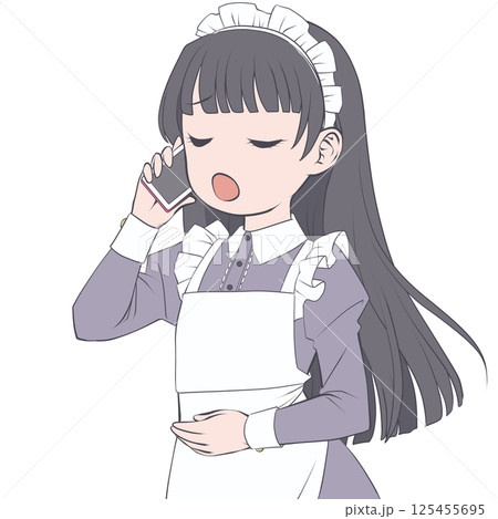 スマホで電話をかける黒髪のメイド・呆れる 125455695