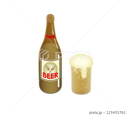 コップに注がれたビールと瓶ビール 125455761