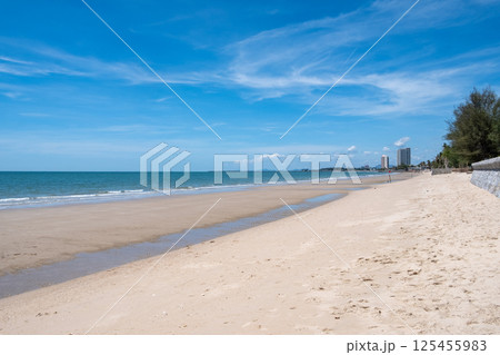 Cha-am Beach with Blue Sky and Calm Sea Cha-am Beach with Blue Sky and Calm Sea 125455983
