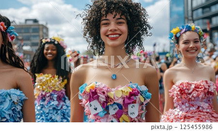 Joyful celebration of youth and creativity at a festive event with colorful paper dresses and flower accessories 125455986