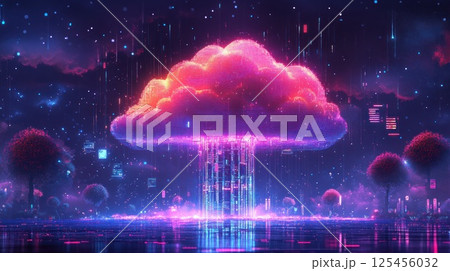 Digital Cloud Raining Data in Neon Cityscape 125456032