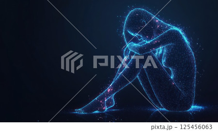 Depressed woman, sitting, digital art, glowing particles background Depressed woman, sitting, digital art, glowing particles background 125456063