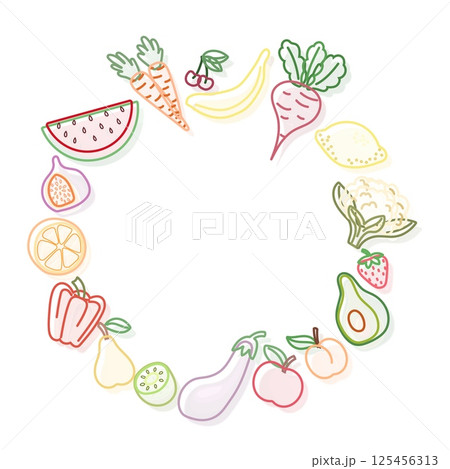 Flat outline wreath with fruits and vegetables, isolated 125456313