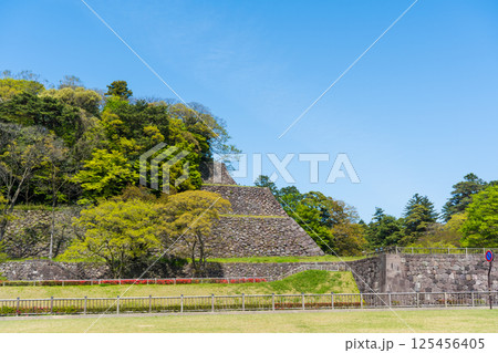 晴れの青空と兼六園に隣接する金沢城公園の石垣|金沢城イメージ|石川県金沢市 晴れの青空と兼六園に隣接する金沢城公園の石垣|金沢城イメージ|石川県金沢市 125456405