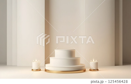 Beige Podium Pedestal for Product Presentation. Display Podium 125456428