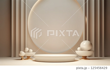 Beige Podium Pedestal for Product Presentation. Display Podium 125456429