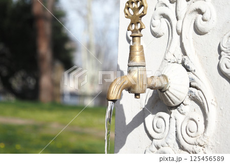 Water flows from a vintage brass tap in a serene park setting 125456589