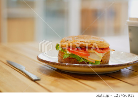 Delicious sandwich with fresh ingredients served on a wooden table Delicious sandwich with fresh ingredients served on a wooden table 125456915