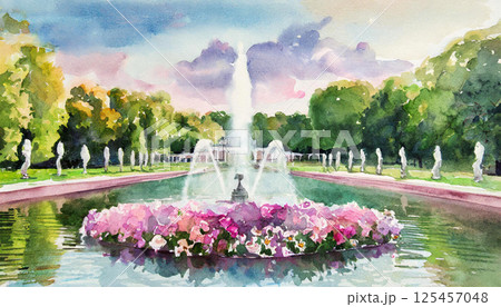 噴水広場のイメージ、水彩画イラスト背景のイラスト素材 [125457048