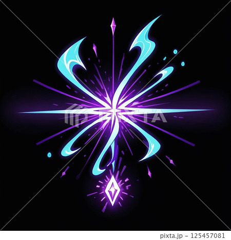 Bright abstract design featuring blue and purple splashes of light against a black background, emphasizing dynamic motion and energy with geometric accents. 125457081