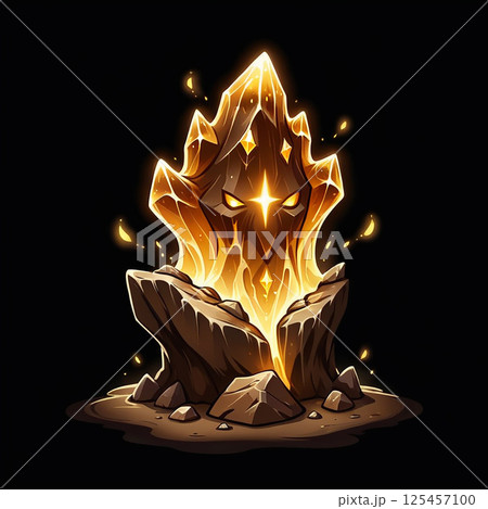 Radiant crystal emerging from a rocky base illuminated by glowing flames against a dark background, creating an enchanting mystical atmosphere. 125457100