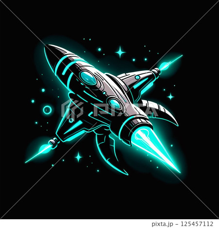 Futuristic rocket ship soaring through a starry background with glowing blue accents and sleek metallic design exhibiting dynamic movement and adventure. Futuristic rocket ship soaring through a starry background with glowing blue accents and sleek metallic design exhibiting dynamic movement and adventure. 125457112
