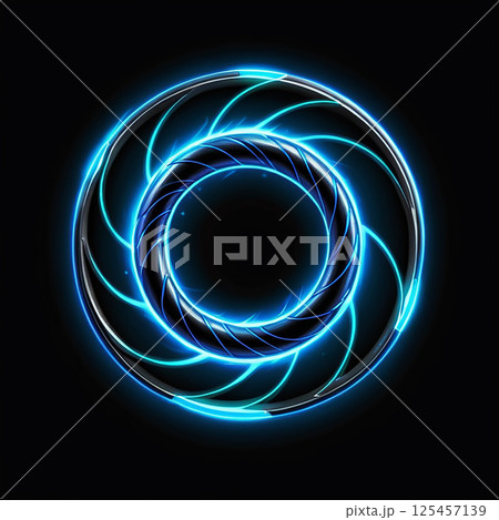 Glowing geometric design with circular elements and vibrant blue accents against a black background creating an abstract, futuristic aesthetic and visual appeal. 125457139