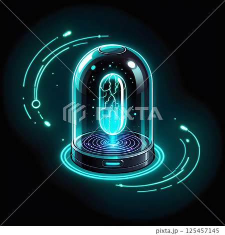 A glowing energy sphere encased in a transparent dome with swirling light effects and a futuristic design against a dark background. 125457145