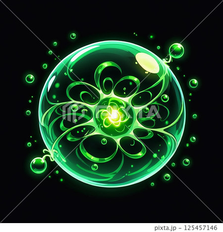 Glowing green bubble with intricate swirls and glowing particles on a black background, creating a mystical and enchanting atmosphere that evokes a sense of wonder and fantasy. 125457146