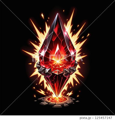 Radiant red crystal glowing with fiery energy surrounded by sharp rays of light and cracked ground emanating a powerful magical aura in a dark background. 125457147