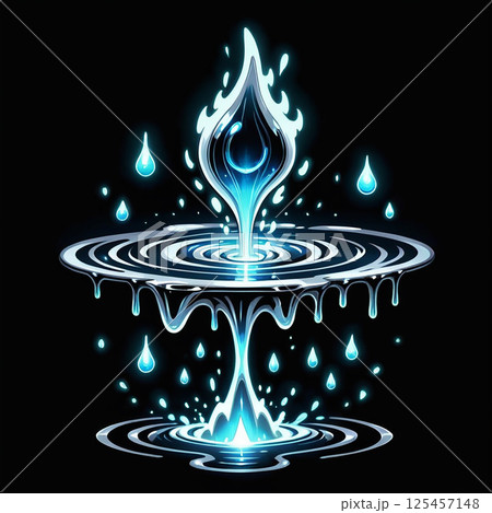 Luminous water fountain with vibrant blue droplets and a glowing flame effect, creating an enchanting display against a dark background, emphasizing fluid dynamics and visual aesthetics. 125457148