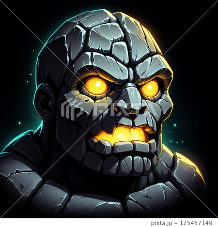 Fierce stone creature with glowing orange eyes and a jagged exterior, surrounded by an ethereal blue aura in a dark background. 125457149