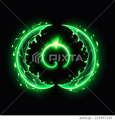 Glowing green circular design with swirling patterns resembling energy or magic on a black background, creating an ethereal and mystical appearance ideal for digital art or graphic design. 125457150