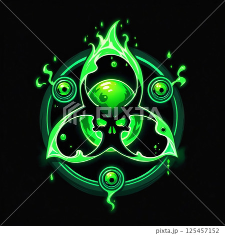 Radiant green biohazard symbol with skull and swirling elements on a dark background, glowing effect highlighting toxic themes and dangerous undertones. 125457152