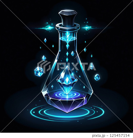 Shiny crystal potion bottle surrounded by floating gems and light effects in a dark background, emphasizing mystical and magical qualities with vibrant blue hues. 125457154