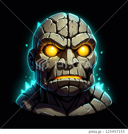 Glowing stone monument with expressive eyes surrounded by vibrant blue light effects set against a dark background, showcasing a mythical or fantasy theme with intricate details. 125457155