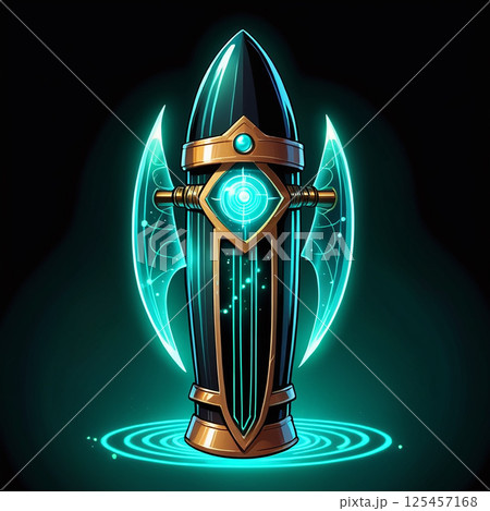 Ancient mystical shield with glowing elements, intricate designs, and shimmering energy effects set against a dark background, evoking a sense of magic and adventure in fantasy art. 125457168