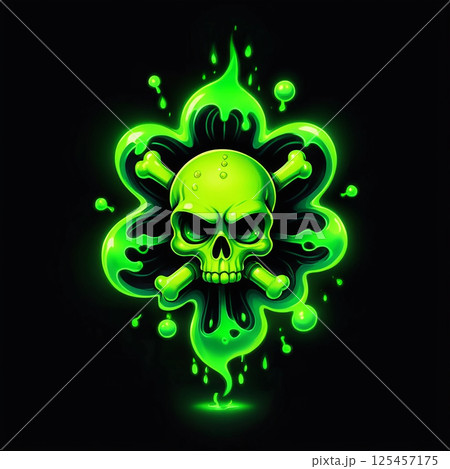 Green skull design with crossbones and vibrant glowing effects on a dark background, featuring dripping liquid and intricate details emphasizing a toxic and edgy aesthetic. 125457175