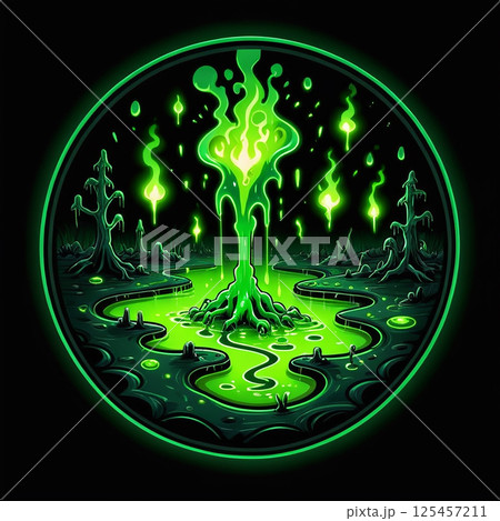 Glowing green mystical forest scene with alien-like trees, bioluminescent plants, and an erupting fountain radiating ethereal light under a starry night sky. Glowing green mystical forest scene with alien-like trees, bioluminescent plants, and an erupting fountain radiating ethereal light under a starry night sky. 125457211